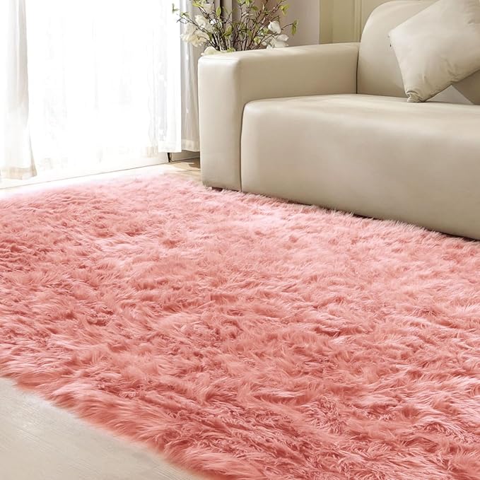 ORINOVA Shag Area Rugs 9x12 Rugs for Living Room Pink Washable Fluffy Sheepskin Fur Rugs for Bedroom Nursery Fuzzy Rug