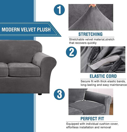 H.VERSAILTEX High Stretch Sofa Slipcover 4 Piece Cover Velvet Furniture Protector Form Fit Thick Velvet Extra Large Sofa Cover for 3 Cushion Couch Width Up to 97 Inch (Large Sofa, Grey)