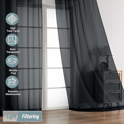 Black Sheer Curtains for Windows 108 inches Long 2 Panels Set, Soft Lightweight Light Filtering Drapes for Living Room Bedroom, Dual Rod Pocket Sheer Curtains, 2x42Wx108L inches
