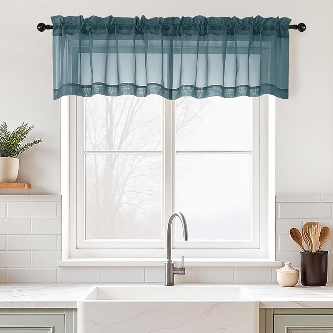 Valances for Windows 14 inch Length 2 Panels, Small Voile Sheer Curtains for Bathroom, Soft Fabric Lightweight Light Filtering Kitchen Curtains, Dual Rod Pocket, Dusty Blue, 2x42Wx14L Inches