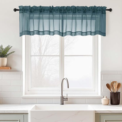 Valances for Windows 14 inch Length 2 Panels, Small Voile Sheer Curtains for Bathroom, Soft Fabric Lightweight Light Filtering Kitchen Curtains, Dual Rod Pocket, Dusty Blue, 2x42Wx14L Inches