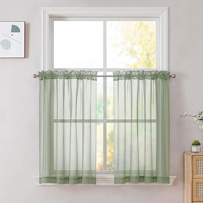 OVZME Sage Green Sheer Curtains 36 inches Long, Short Kitchen Window Treatment Solid Sheers Cafe Curtains Bathroom Voile Half Window Panels, Rod Pocket, 42" Wx36 L