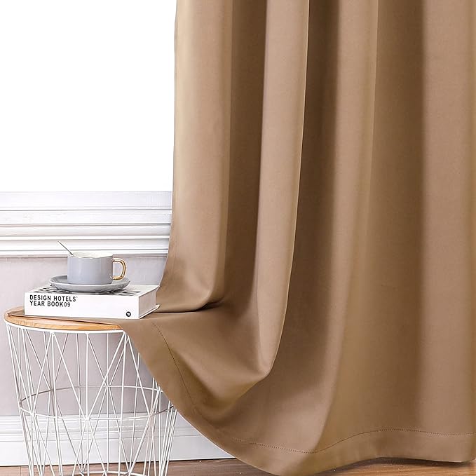 ChrisDowa 100% Blackout Curtains for Bedroom with Black Liner, 2 Thick Layers Total Blackout Thermal Insulated Grommet Window Curtains 2 Panels Set (Cappuccino, 52 x 45 Inch)