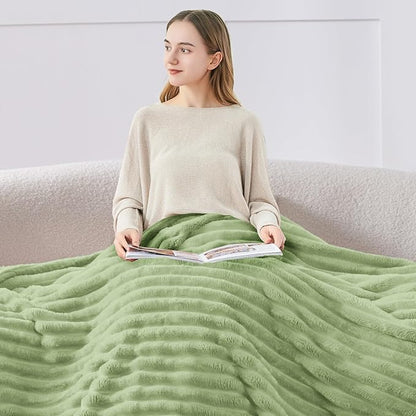 BEDELITE Fleece Throw Blanket for Couch - 300GSM Soft & Warm Fluffy Sage Green Blanket, Decorative and Giftable Striped Blankets for Women, Men, 50"x60"