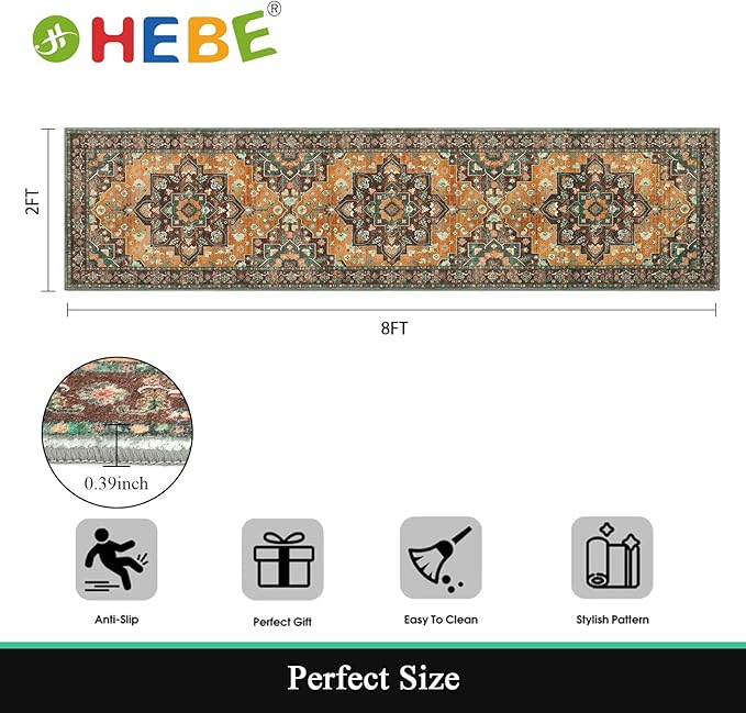 HEBE Hallway Runner Rug 2'x8' Washable Vintage Distressed Area Rugs Non Slip Laundry Rug Runner Boho Floor Carpet Runners for Hallways Entryway Laundry Room Kitchen Bathroom