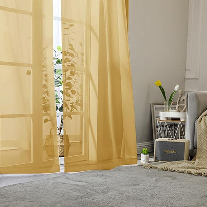 Lecloud Gold Sheer Curtains 96 Inches Long 2 Panels, Breathable Solid Voile Light Filtering Curtain, Lightweight Home Decor Drapes with Rod Pocket for Bedroom Dining Room, Each 42" W x 96" L