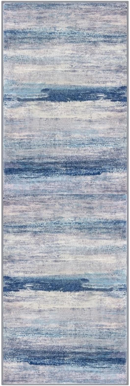 KOZYFLY Modern Abstract Hallway Runner Rug, 2.6x8 Washable Rug Runner Non-Slip Soft Striped Kitchen Runner Rugs, Print Blue/Grey/Beige Carpet Runner for Entryway Bathroom Laundry Room Foyer