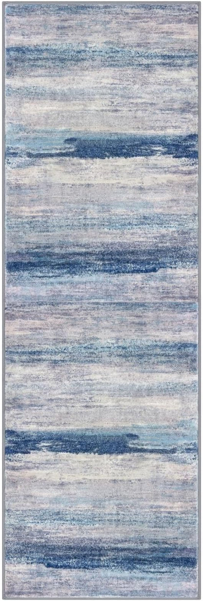 KOZYFLY Modern Abstract Hallway Runner Rug, 2.6x8 Washable Rug Runner Non-Slip Soft Striped Kitchen Runner Rugs, Print Blue/Grey/Beige Carpet Runner for Entryway Bathroom Laundry Room Foyer