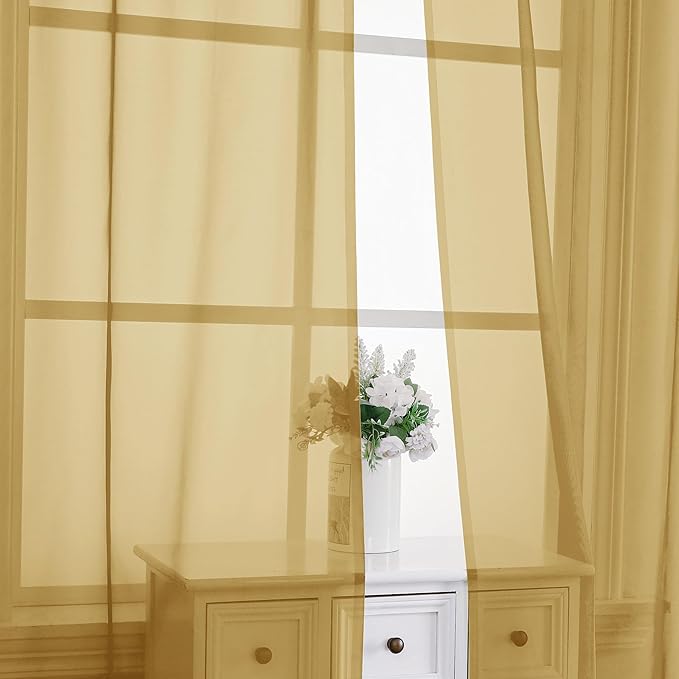 Chyhomenyc Gold Sheer Curtains 45 Inch Long 2 Panels, Short Voile Drapes for Dinning Small Windows Bathroom Living Room Bedroom, Rod Pocket, 42Wx45L Inches