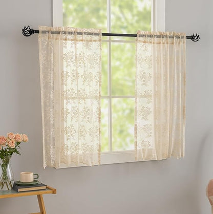 YJ YANJUN Vintage Lace Curtains 36 inch Length - Beige Short Cafe Kitchen Window Curtains Over Sink 2 Panels, Scalloped Edges, Light Filtering, Rv Curtain for Camper Windows Each W26xL36 Inch