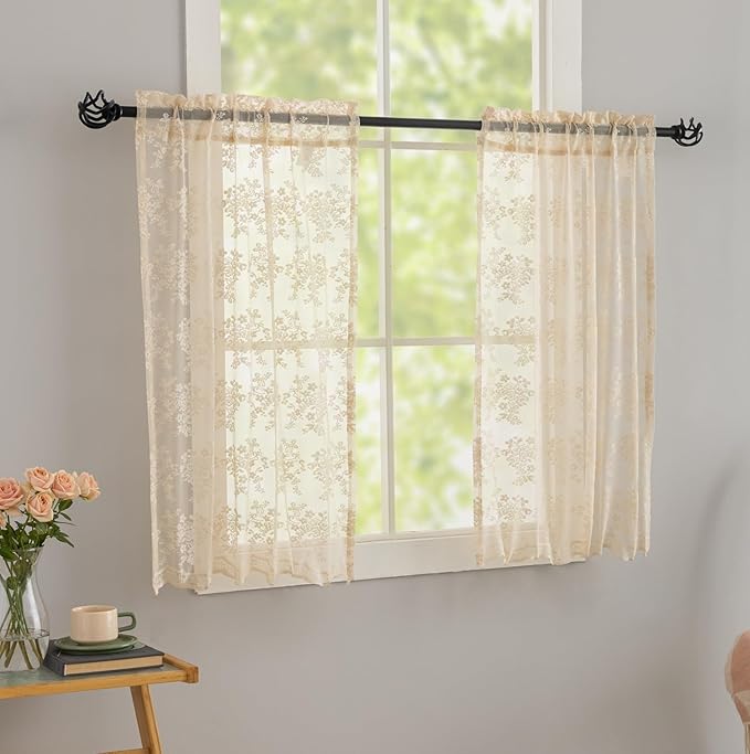 YJ YANJUN Vintage Lace Curtains 30 Inch Length- Cottage Floral Short Beige Kitchen Cafe Curtains 2 Panles,Light Filtering Rod Pocket, Small Window Sheer for Bathroom Laundry Room 26x30 Inch