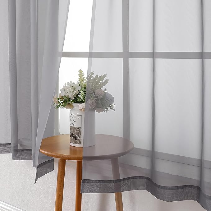 Lecloud Charcoal Grey Sheer Curtains 54 Inch Length 2 Panels, Light Filtering Voile Drapes for Kitchen Bedroom, Farmhouse Rod Pocket Living Room Short Curtains, 40 W x 54 L Inches