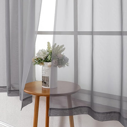 Lecloud Charcoal Grey Sheer Curtains 54 Inch Length 2 Panels, Light Filtering Voile Drapes for Kitchen Bedroom, Farmhouse Rod Pocket Living Room Short Curtains, 40 W x 54 L Inches