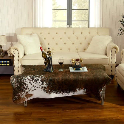 AROGAN 8x10 Faux Cowhide Area Rugs for Living Room, Animal Skins Cow Hide Rug for Bedroom, Cool Western Christmas Decor, Thin Leather Cow Hide Carpets Fireplace Rug, Saddle Brown
