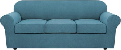 H.VERSAILTEX 4 Piece Stretch Sofa Covers for 3 Cushion Couch Covers for Living Room Furniture Slipcovers (Base Cover Plus 3 Seat Cushion Covers) Upgraded Thicker Jacquard Fabric (Sofa, Storm Blue)