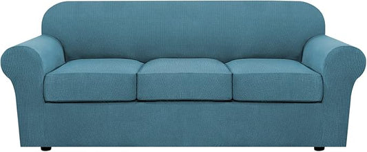 H.VERSAILTEX 4 Piece Stretch Sofa Covers for 3 Cushion Couch Covers for Living Room Furniture Slipcovers (Base Cover Plus 3 Seat Cushion Covers) Upgraded Thicker Jacquard Fabric (Sofa, Storm Blue)
