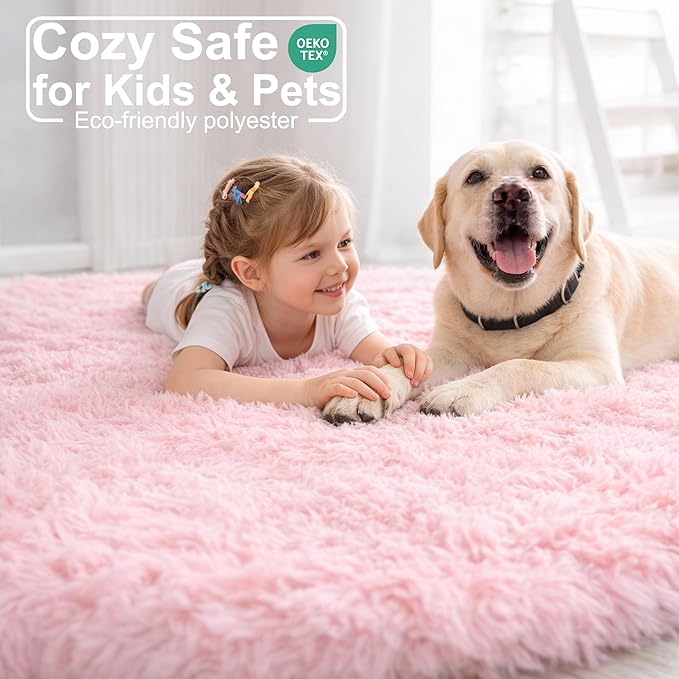 Pink Round Area Rugs 6Ft for Bedroom Living Room, Big Fluffy Shag Circle Rug for Kids Playroom, Cute Preppy Room Decor for Teen Girls, Cozy Fuzzy Furry Plush Carpets for Baby Nursery, Dorm, Classroom