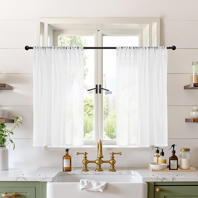 BGment White Linen Cafe Curtains 36 Inch Length, Small Drapes Semi Sheer for Bathroom Kitchen Decor Lightweight Rustic with Rod Pocket, 2 Panels Set, Each 24 Inch Wide
