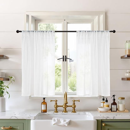 BGment White Linen Cafe Curtains 36 Inch Length, Small Drapes Semi Sheer for Bathroom Kitchen Decor Lightweight Rustic with Rod Pocket, 2 Panels Set, Each 24 Inch Wide