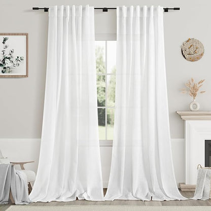 White Linen Curtains 108 Inches Long 2 Panels Set Back Tab Rod Pocket Semi Sheer Cotton Textured Light Filtering Extra Long Curtain Farmhouse High Ceiling Curtains for Living Room 9Ft 42x108