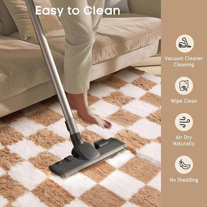 Ophanie Checkered Beige & White Rug for Living Room Bedroom, Fluffy Soft Cute Fuzzy Area Rugs, Shag Plush Shaggy Bedside Floor 6x9 Furry Carpet for Kids Baby Teen Dorm Nursery Home Decor Aesthetic