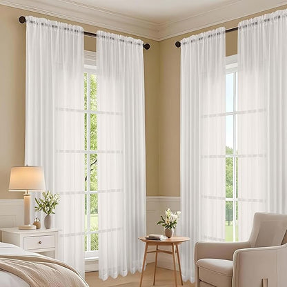 OVZME Ivory Bedroom Curtains 96 Length for Farmhouse, 59 Inch Extra Wide Light Filtering Voile Drapes Light Airy Window Decor for Patio Door Living Room Bedroom Dining, 59Wx96L Inches
