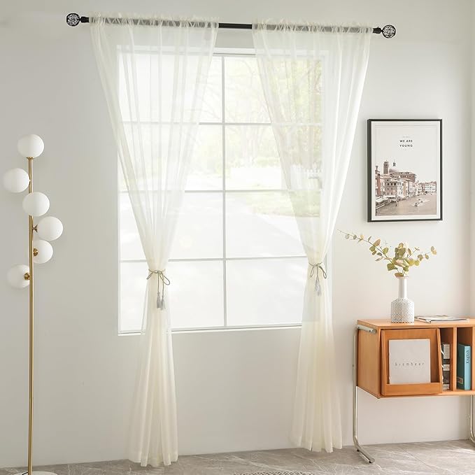 youleyar Solid Sheer Rod Pocket Curtain Voile Draperies 2 Panels White Beige Black Grey Coffee 70 Inch Width 84 Inch Long 1 Pair for Kitchen Bedroom Children Living Room Yard(Ivory,70Wｘ84L)