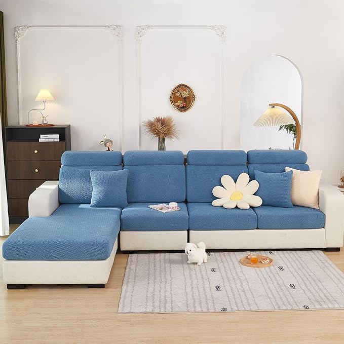Sofa Covers Couch Covers for Sofa Pet Friendly Couch Cushion Covers Universal Sofa Covers Washable Stretch Slipcovers for Sectional Sofa (Texture Blue, 2 Seats + Chaise Cover)