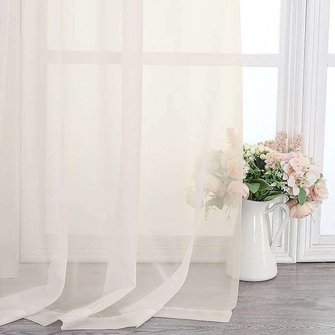 Lecloud Cream Sheer Curtains 68 Inch Length 2 Pcs, Light Filtering Bedroom Curtains for Living Room, Farmhouse Window Voile Soft Rod Pockets Drapes for Bathroom Home Office, Each Panel 42" W x 68" L