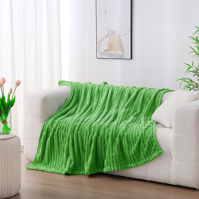 Bright Green Fleece Throw Blanket 60”×80” for Couch Sofa Bed,Super Soft Cozy Plush Microfiber Flannel Blanket with Stripes Design Lightweight for Adults,Woman,Girls