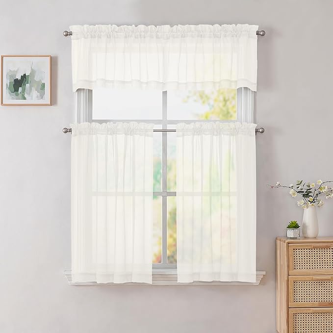 Simplebrand Ivory Valances 14 Inches Long for Living Room Pocket 2 Panel Light Filtering Sheer Translucent Valence Toppers for Window Kitchen Bathroom Bedroom Ivory 42x14 Inch Length