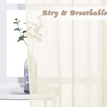 NICETOWN Sheer Curtain Panels 96 inch Cream Beige - Window Treatments Voile Panels with Eyelet Top for Living Room (One Pair, W54 x L96)