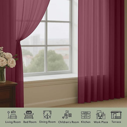 OWENIE Sheer Curtains 2 Panels Set for Bedroom Living Room, Soft Solid Rod Pocket Light Filtering Window Treatment, 2Pcs Each 59" W x 90" L, Burgundy Wine