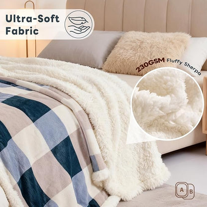 PU MEI Sherpa Fleece Throw Blanket 80" x 90" Full/Queen Reversible Plush Fluffy Extra Large Big Blanket Lattice Flannel Blankets for Sofa Couch Bed (Grey-Soft Blue, 80"*90")