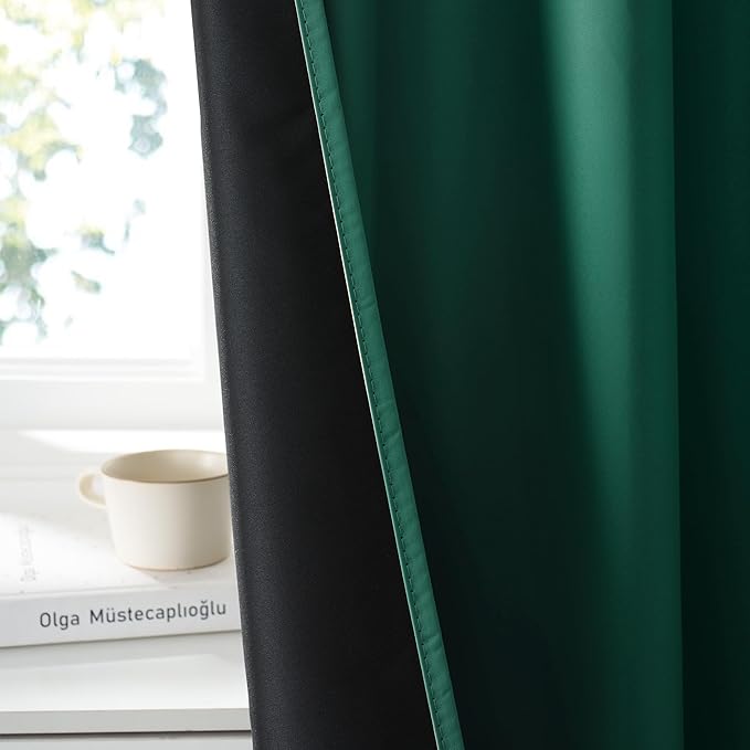 RYB HOME 100% Blackout Short Curtains for Small Window, Thermal Insulated Total Room Darkening Noise Reducing Curtains for Kitchen Bathroom Basement, 34 inches Wide by 45 inches Long, Dark Green