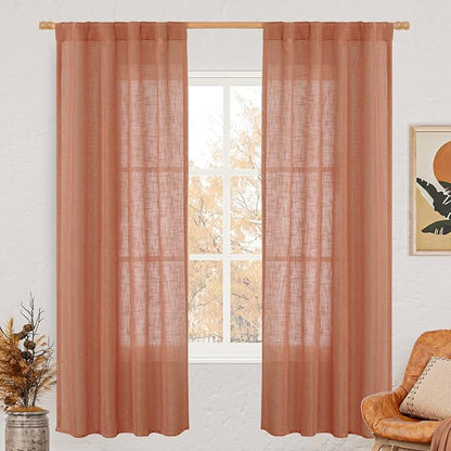 LAMIT Light Filtering Linen Curtains 72 inches Long for Bedroom, Linen Textured Semi Sheer Back Tab and Rod Pocket Boho Drapes for Window/Living Room, Terracotta, 2 Panels, 34 x 72 Inch