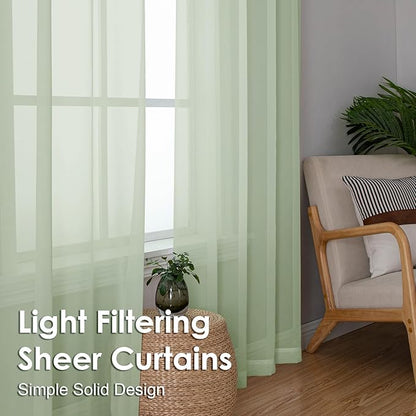 OVZME Light Green Sheer Curtains 96 Inches Long 2 Panels - Soft Light Filtering Window Sheer Panels for Living Room/Bedroom, Top Dual Rod Pocket, 1 Pair, Each 42Wx96L Inches