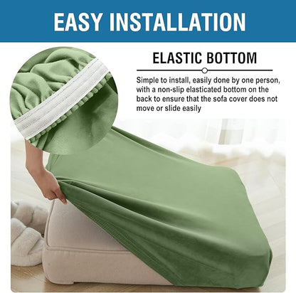 Couch Cover Stretch Velvet Sofa Cushion Cover 2-Piece - Elastic Washable Slipcover for Seat or Backrest, Couch Seat Covers for Sofas (Avocado Green)