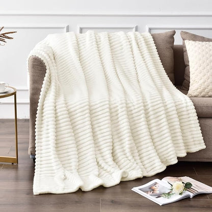 BEDELITE Fleece Throw Blanket for Couch – 3D Ribbed Jacquard Soft and Warm Decorative Fuzzy Blanket – Cozy, Fluffy, Plush Lightweight Cream Throw Blankets for Bed, Sofa, 50x70 inches