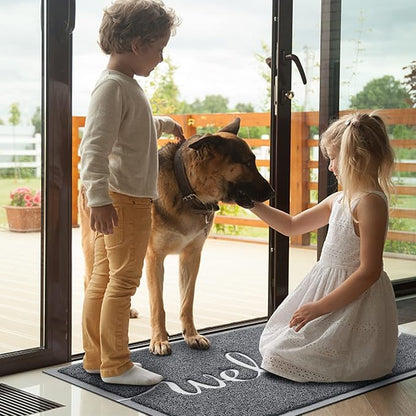 BeneathYourFeet Door Mat, Welcome Mat Low Profile Floor Mat Front Doormat Indoor and Outdoor Doormat Non Slip Rugs for Entryway, Patio, High Traffic Areas (32"x20", Grey-Welcome)