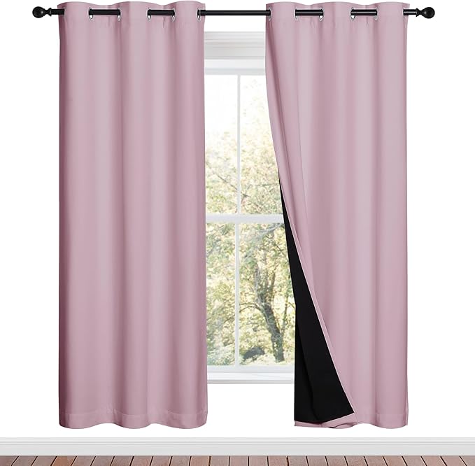 NICETOWN 100% Blackout Window Curtain Panels, Baby Pink, 2 Pieces, 42-inch Wide Per Panel, Full Light Blocking Drapes with Black Liner for Nursery, 72-inch Drop Thermal Insulated Draperies
