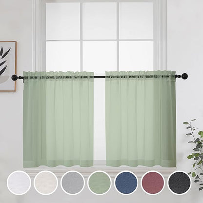 OWENIE Short Sheer Curtains 30 Inches 2 Panels Set, Kitchen Tiers Light Filtering Rod Pocket Cafe Curtains for Kitchen Bathroom Small Half Window, 42 in W x 30 in L, Sage Green