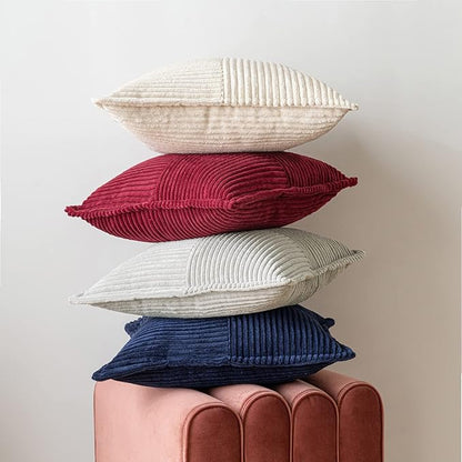 MIULEE Decorative Throw Pillow Covers for Couch Bed Livingroom 18x18 Inch Set of 2 Burgundy Boho Accent Throw Pllows Broadside Striped Patchwork Soft Corduroy Pillowcases