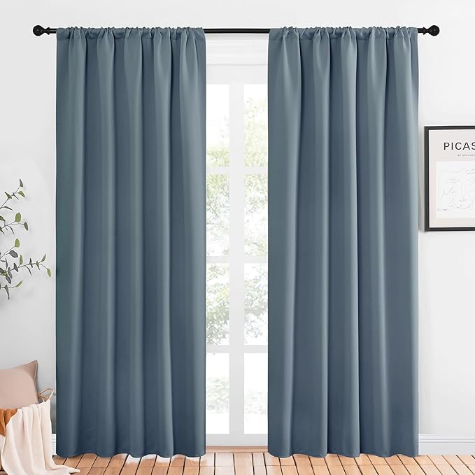 NICETOWN Window Curtains Blackout Drapes, Smoky Blue, 1 Pair, 52 by 84-Inch, Thermal Insulated Solid Rod Pocket Blackout Curtains/Draperies for Living Room