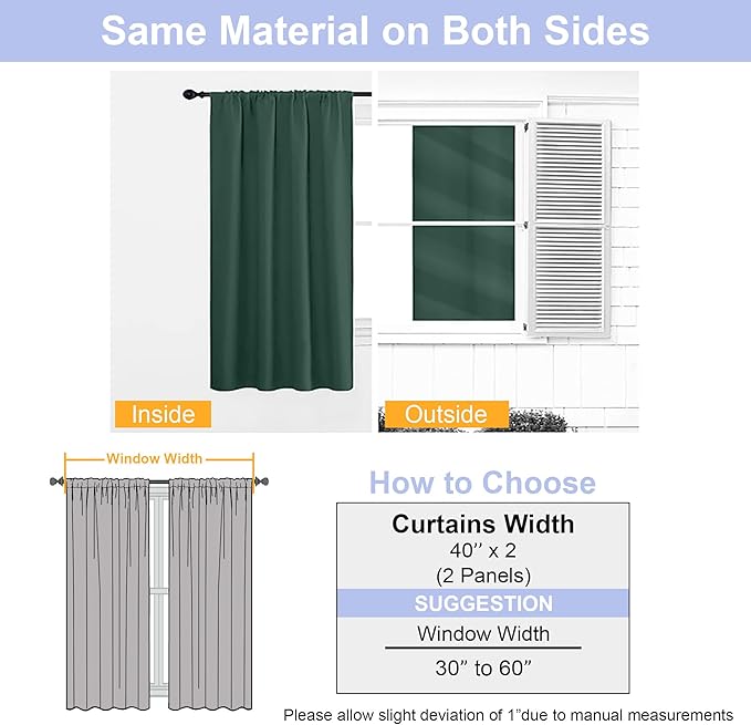 Simplebrand Ava Ever Green Short Blackout Curtains for Bedroom 54 Inches Long 2 Panels Set, Solid Thermal Insulated, Energy Saving Window Treatment Curtains Blackout Drapes, W40 x L54 Inch, Ever Green