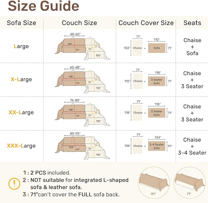 Sectional Couch Covers, 2 Pieces Washable L Shaped Couch Covers Sofa Blanket for Dogs Pet Friendly Sectional Sofa Slipcovers Furniture Covers,71"x118"+91"x134",(XXX-Large,Coffee)