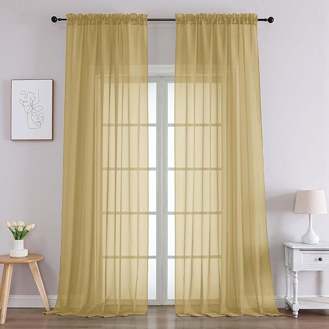Chyhomenyc Gold Sheer Curtains 96 Inches Long 2 Panels, Light Filtering Gold Curtains for Living Room, Soft Gentle Voile Rod Pocket Bedroom Window Drapes, 59Wx96L Inch, 2PCS