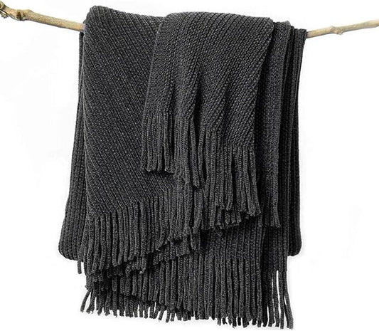 lifein Throw Blanket for Couch, Soft Boho Decor Bed Throw,Cozy Grey Knitted Chenille Small Farmhouse Lightweight Throw (Dark Grey,60 * 80")