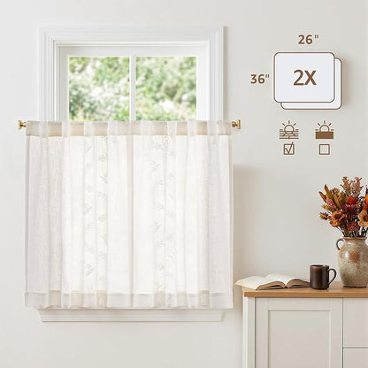 jinchan Belrose Linen Floral Kitchen Curtains 36 inch Length Embroidered Farmhouse Cafe Curtains for Living Room Bathroom Small Windows Curtain Set Sheer Light Filtering 2 Panels White