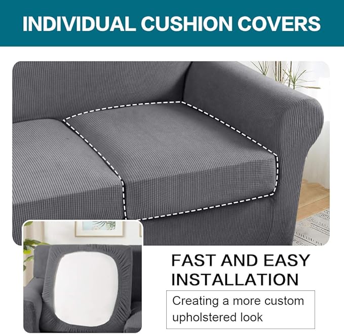 Turquoize 4 Piece Sofa Covers for 3 Cushion Couch Sofa Slipcover Soft Couch Cover for Dogs-Washable Sofa Furniture Covers with 3 Individual Large Cushion Covers, Feature Thick Fabric (XL Sofa, Gray)
